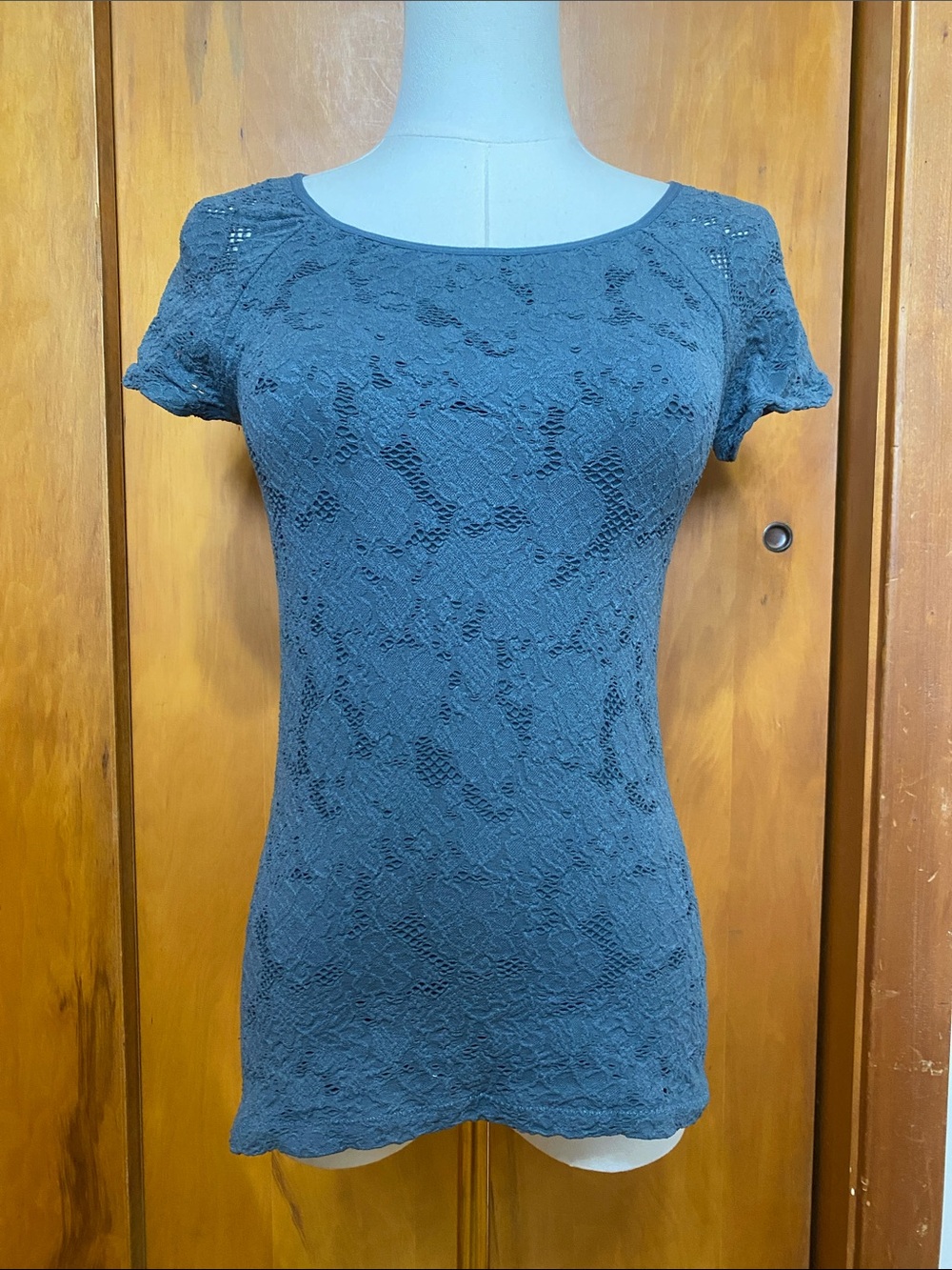 tokyo Darling Blue Stretch Lace Scoop Neck Short Sleeve Tee Nylon Spandex Layers
